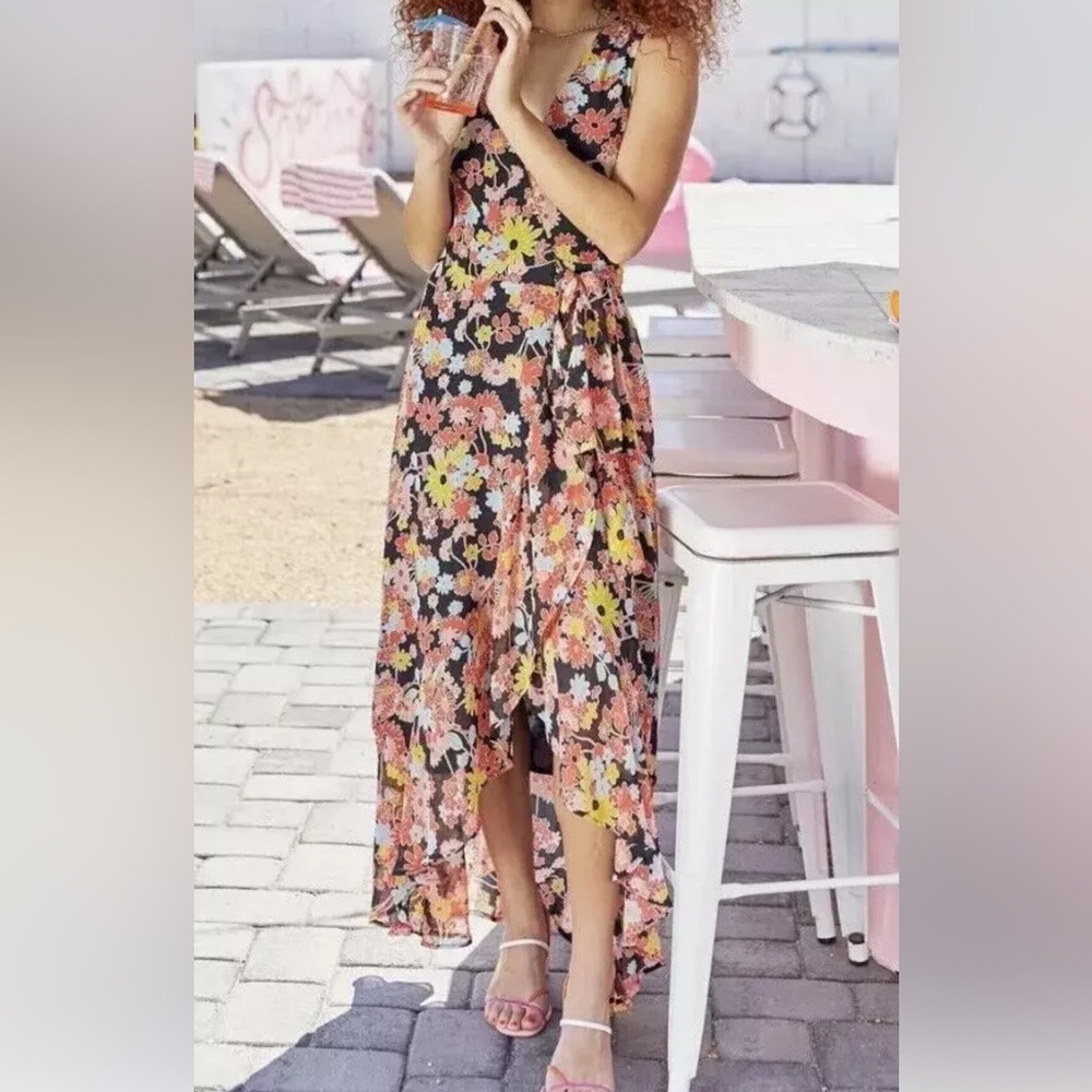 ModCloth‎ Bali Breeze Maxi Wrap Black Floral Boho Print Hi Low Dress Size L